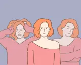Trzy kobiety z pomarańczowymi włosami, wyrażające różne stany emocjonalne, symbolizujące zaburzenia dysocjacyjne.