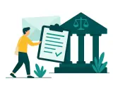Mężczyzna z dokumentem przy sądzie pracy. Ilustracja pokazuje, jak napisać pozew do sądu pracy, z ikoną wagi sprawiedliwości.