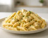 Penne z kremowym sosem serowym i posiekaną natką pietruszki, danie idealne na szybki obiad.