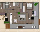 Plano de casas de dos plantas sencillas con terraza. Incluye habitaciones, sala de estar, baño y cocina.
