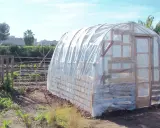 Un invernadero casero con palets protege cultivos. Su estructura de madera y plástico transparente crea un microclima ideal.
