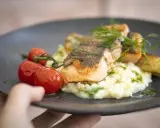 En läcker laxfilé med krämig risotto, körsbärstomater och dill. En perfekt rätt att njuta av, som en del av en **white guide Dalarna**-upplevelse.
