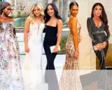Seven women in elegant gowns, showcasing diverse styles for a black tie wedding dress code.