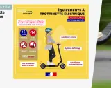 Infographie sur la **loi trottinette électrique** : âge minimum 14 ans, un seul passager, port du casque et gilet réfléchissant recommandés.