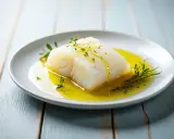 Delicioso bacalao confitado en aceite de oliva, adornado con hierbas frescas.