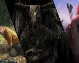 Mroczne, niepokojące grafiki z gier podobnych do The Forest: przerażające maski, zdesperowany mężczyzna w dżungli i łucznik w zimowym krajobrazie.