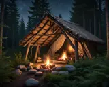 Mysigt vindskydd i skogen med två eldar som sprakar. Perfekt för att sova i vindskydd under en stjärnklar natt.