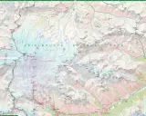 Mapa turystyczna z zaznaczonymi szlakami i lodowcami w rejonie gór z Elbrusem.