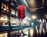 Elegancki kielich z musującym Kir Royale, w tle bar pełen butelek.