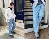 A man models a stylish denim outfit, featuring light-wash jeans and a textured jacket.