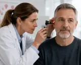 Arzt untersucht Ohr eines Mannes mit Tinnitus. Vielleicht hilft Ginkgo.