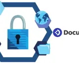Un coffre fort numérique obligatoire pour sécuriser vos données. Icônes de clé, cadenas, globe, enveloppe et dossier. Logo DocuWare.