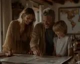 Rodzina planuje podróż, patrząc na mapę świata. Ich radość to **social proof** dla marzeń o odkrywaniu nowych miejsc.