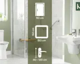 Wymiary łazienki dla niepełnosprawnych: drzwi 90 cm, przestrzeń manewrowa 150x150 cm, uchwyt 80-120 cm.
