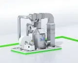 Industrielle Anlage mit Lüftungsrohren und einem zylindrischen Behälter, auf dem "DÜRR" steht. Dies ist ein Katalyse-Ofen zur Abgasreinigung.