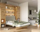 Idée pour comment aménager une chambre en longueur : un lit escamotable intégré dans une bibliothèque en bois, optimisant l'espace.