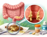 Ingrandimento del colon e dell'ano con secrezioni giallastre. Le feci mostrano muco, suggerendo possibili problemi digestivi. Farmaci in primo piano.