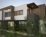 Esterno di case moderne con pietra a vista, legno e ampie vetrate, immerse nel verde.