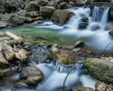 Acqua cristallina scorre tra rocce muschiose, creando un effetto seta su un ruscello di montagna.