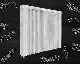 Jaki grzejnik do pokoju 18m²? Biały grzejnik elektryczny otoczony pytaniami o powierzchnię pomieszczeń: 5m², 10m², 12m², 15m², 18m², 20m², 24m², 30m².