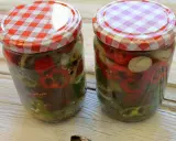 Zwei Gläser mit eingelegten Chilis und Zwiebeln, bereit zum Genießen.