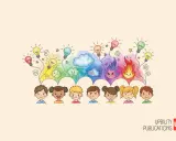Bambini con espressioni emotive diverse, da gioia a rabbia, con lampadine che rappresentano pensieri e la **dissociazione emotiva** come un arcobaleno di sentimenti.