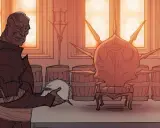 Mroczny wojownik z bliznami na twarzy trzyma hełm. Scena z gry Dragon Age Inkwizycja spolszczenie.