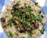 Delicioso risotto de setas cremoso, coronado con champiñones salteados y perejil fresco picado.