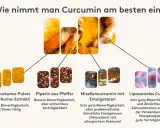 Kurkuma wie einnehmen: Pulver, Pfeffer, Mizellen oder liposomales Curcumin. Die Grafik zeigt verschiedene Formen und deren Bioverfügbarkeit.