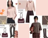 A mood board showcasing a soft autumn color palette with models, clothing, accessories, and Pantone color swatches like Peach Whip and Chocolate Martini.