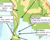 Karta över turistorter i Thailand: River Kwai, Khao Sok, Koh Phangan och Koh Samui.