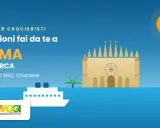 Guida escursioni fai da te a Palma di Maiorca con navi MSC Crociere. La cattedrale e una nave da crociera sullo sfondo.