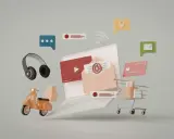 Laptop z ikonami: słuchawki, skuter z paczkami, koszyk sklepowy, karta kredytowa, koperta z @, lokalizacja, Wi-Fi, czat. To co to reklama.