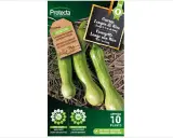 Trois courgettes longues de Nice, vertes et rayées, sur un lit de paille. Sachet de graines Protecta.