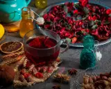Ein Glas roter Tee, Zitrone und Nüsse. Welcher Tee senkt Cholesterin und Blutdruck? Vielleicht dieser aromatische Aufguss.