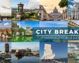 Kolaż zdjęć prezentujący najpiękniejsze miasta Europy: Wieża Eiffla, Watykan, Florencja, Praga, Lizbona i inne.