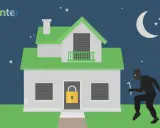 Einbrecher nähert sich einem Haus mit einem Brecheisen. Eine Hausalarmanlage und Brandschutz sind wichtig für die Sicherheit.