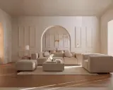 Salon lumineux aux murs beiges et moulures. Le mobilier, aussi beige, crée une ambiance douce. Quel couleur va avec le beige ? Le bois du parquet apporte une touche chaleureuse.