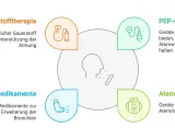 Schema zeigt Therapien bei COPD: Sauerstoff, Inhalationsmedikamente, PEP-Geräte, Atemtrainer. Hilft bei einem COPD-Anfall.