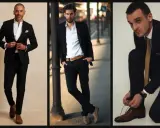 Three men showcase stylish black suit combinations. One wears a suit with a scarf, another with a belt, and the third ties his shoes.