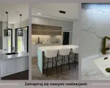 Nowoczesne kuchnie z blatami z konglomeratu o marmurowych wzorach. Eleganckie wyspy, designerskie lampy i złota armatura.