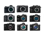 Różne rodzaje aparatów fotograficznych: Canon EOS R, R5, Lumix GH5, S1H, S5, Fujifilm X-T4, Sony Alpha 7 III, 7S III.