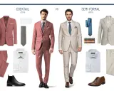 A man models a coral suit for cocktail attire, contrasted with a linen suit for semi-formal wear.