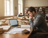 Student pochłonięty nauką w bibliotece, otoczony książkami i notatkami. Intensywna praca nad materiałem, by uzyskać warunkowe zaliczenie przedmiotu.