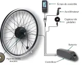 Composants d'un vélo électrique : roue arrière avec moteur intégré, batterie, écran, accélérateur, capteur de pédalier. Le meilleur moteur roue arrière vélo électrique est ici illustré.