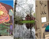 Konst, natur och lek – en mix av aktiviteter i Alingsås. En person fotar en blomstermålning, röda hus speglas i vatten, och ett barn leker i en träborg.