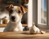 Un adorable chien regarde une tête d'ail sur une table en bois.