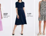 Three women model dresses showcasing different dress waistline types: empire, A-line, and drop waist.