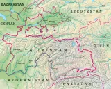 Tadżykistan mapa z zaznaczonymi miastami jak Duszanbe, Chodżent, Kulob i Khorog. Granice z Uzbekistanem, Kirgistanem, Chinami, Afganistanem i Pakistanem.
