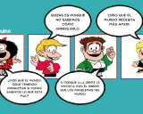 Mafalda viñetas: Mafalda se pregunta por qué el mundo tiene problemas si sabemos qué está mal. Sus amigos debaten si es por no saber arreglarlo, por falta de amor o por priorizar el dinero.
